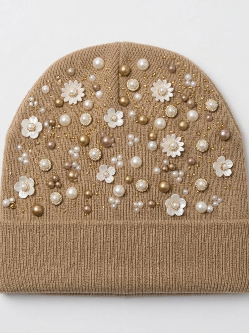 Handcrafted Luxury Pearl & Flower Embellished Knit Beanie – Camel Winter Skull C